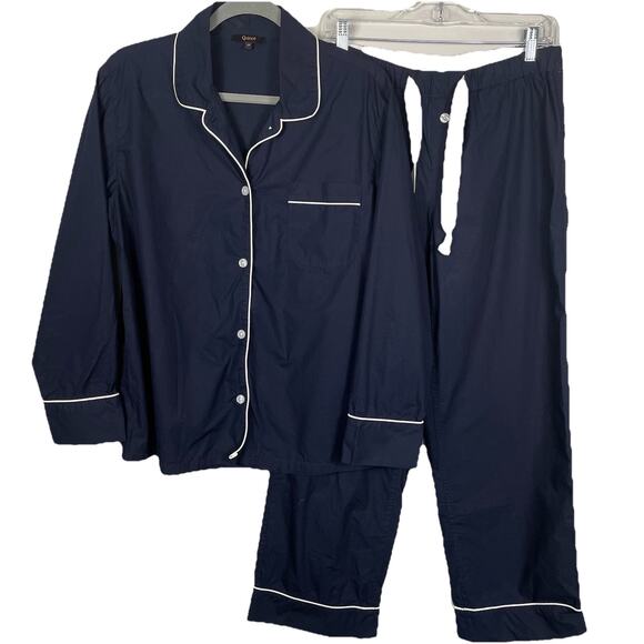 Quince 100% Organic Cotton Pajama Set Womens M Navy Button Up Drawstring Classic - Picture 1 of 16